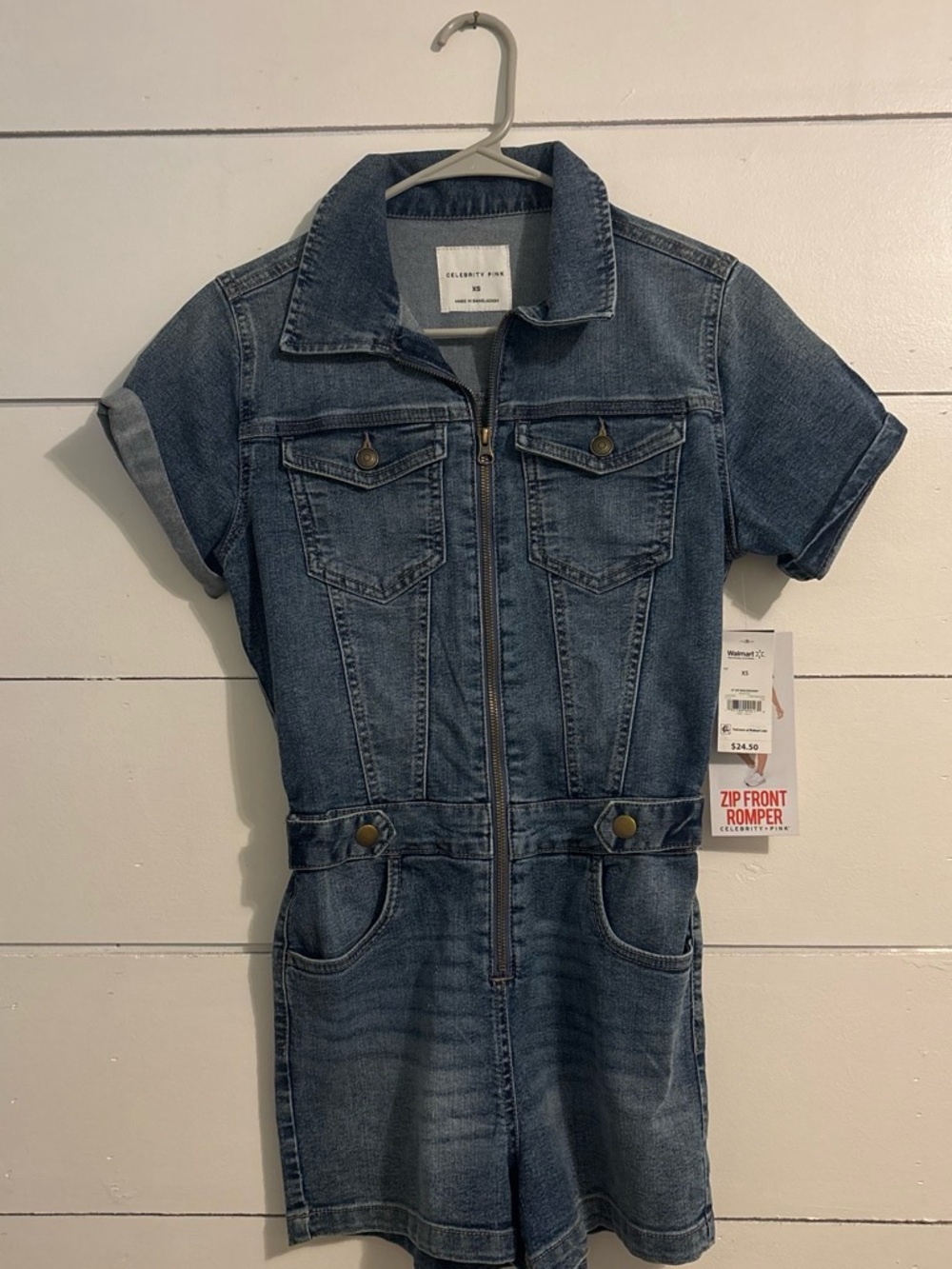Celebrity Pink Blue Zip-Front Denim Romper